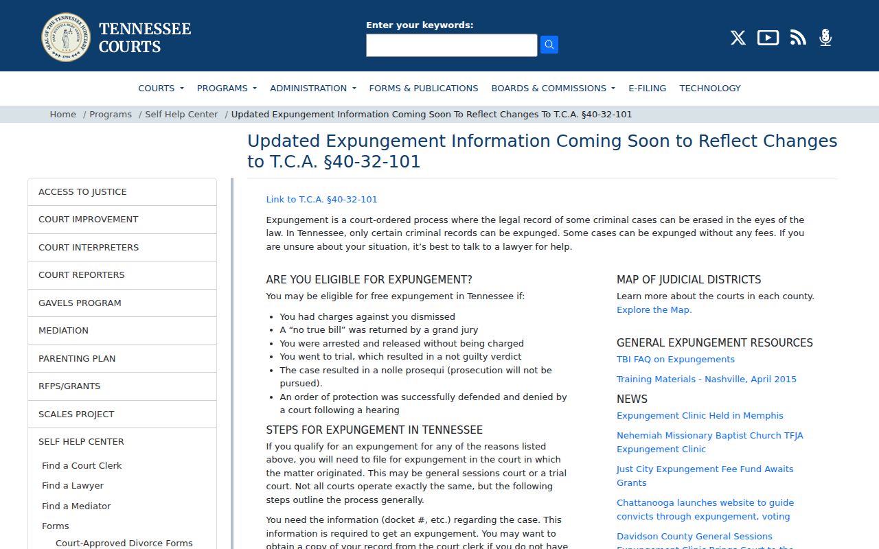 Lawrence County booking-record expungement information on the Tennessee Courts website